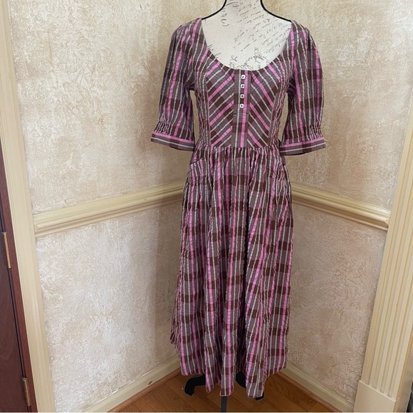 Free People Tulie Plaid Midi Milkmade Dress Brown Pink with pockets Size XS - Picture 4 of 16